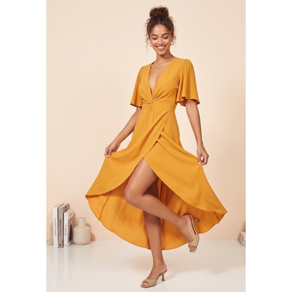 REFORMATION Mustard Yellow Wrap Maxi HI-low Flowy Dress Size 2-Quiet Luxury